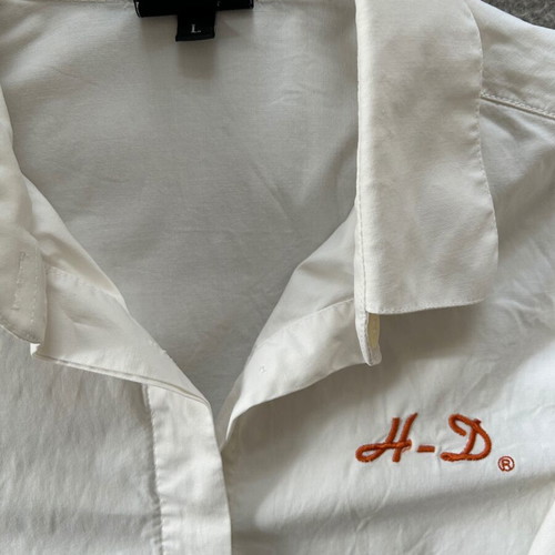 HARLEY-DAVIDSON, No, L, women's shirt, white elastic fabric, three-quarter sleeve.