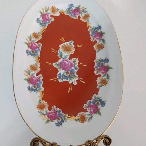 Vintage Furstenberg Germany porcelain serving tray with metal frame