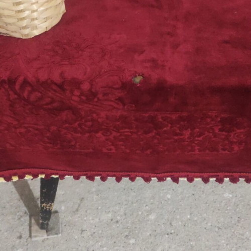 Velvet tablecloth used, burgundy with imperfections