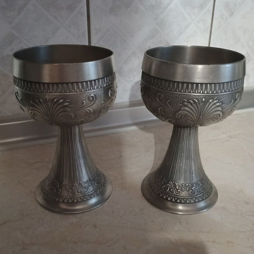 Vintage pewter goblets used, set of two with embossed designs
