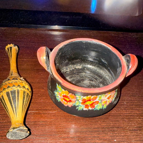 Vintage decorative set ceramic container and wooden bottle used