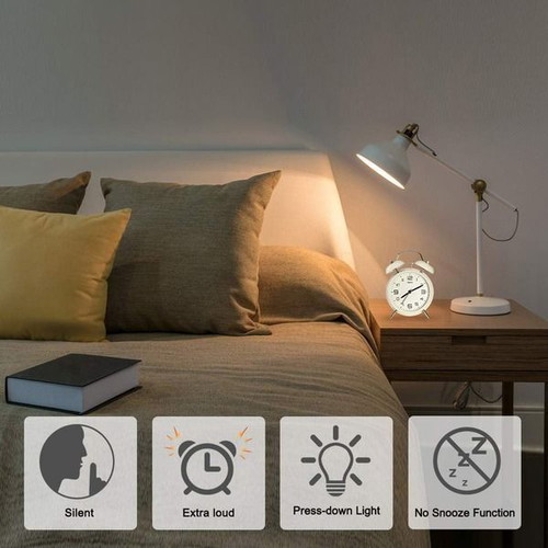 Eachui retro analog alarm clock with double bell and night light, white
