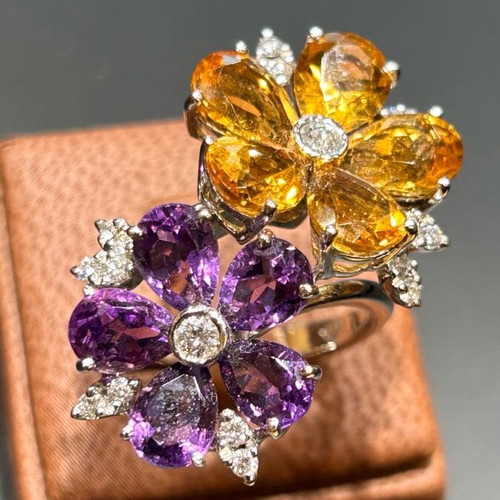 White gold k18 ring with brilliant, amethysts and citrine new