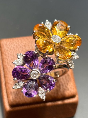 White gold k18 ring with brilliant, amethysts and citrine new