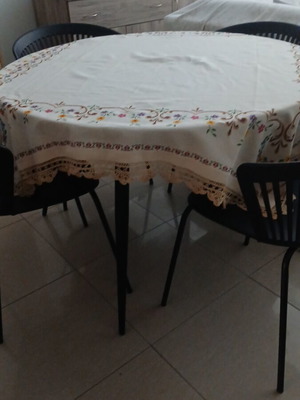 Handmade vintage square tablecloth beige cotton with lace 150x150 cm
