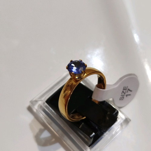 Stainless steel solitaire ring with blue stone, size 17