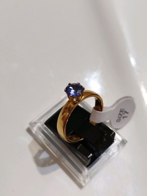 Stainless steel solitaire ring with blue stone, size 17