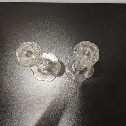 Crystal candlesticks set used, two pieces with flower design