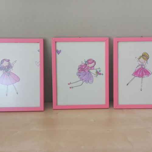 Children's frames set with handmade fairy illustrations used, pink frames