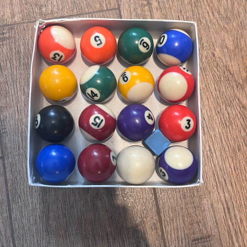 Billiard table used 90x50cm with balls, triangle, rest, and two cues