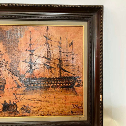 Vintage pyrography wall frame with naval battle scene, artist signed, 50x60