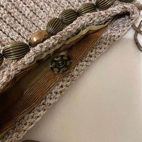 Knitted handmade shoulder bag new, beige brown with satin lining