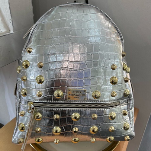 Elena Athanasiou silver backpack new, faux leather with gold studs