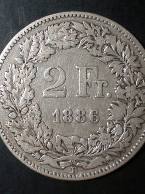 Swiss silver 2 francs 1886 used, rare coins