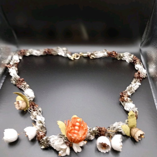 Handmade necklace with silk cocoons made to order, green and orange
