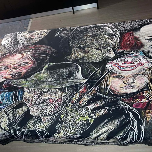 Vintage horror blanket used with graphic print, large 2x2.2m