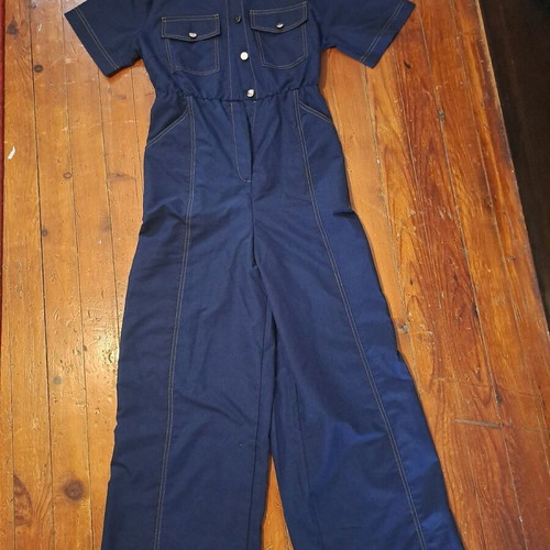 Jumpsuit like new, dark blue with gold buttons and brown stitching