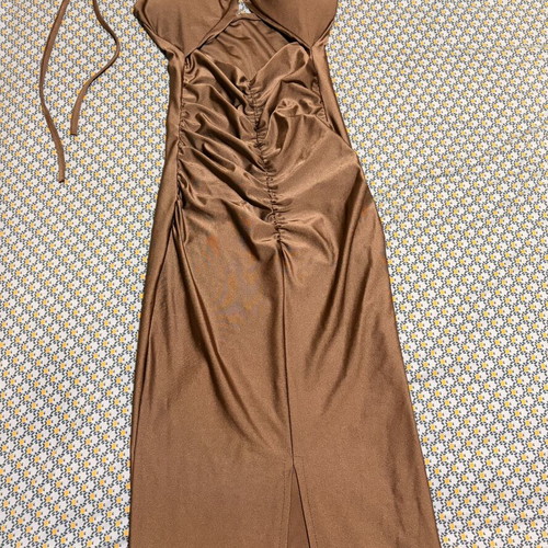 Fitted dress with front slit and halter neck, brown