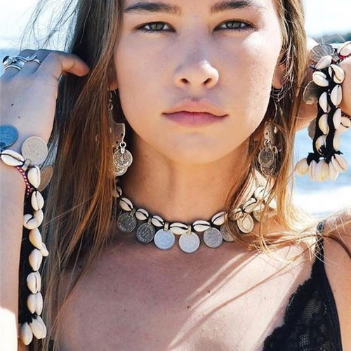 Boho choker necklace with natural cowrie shells and silver coins like new