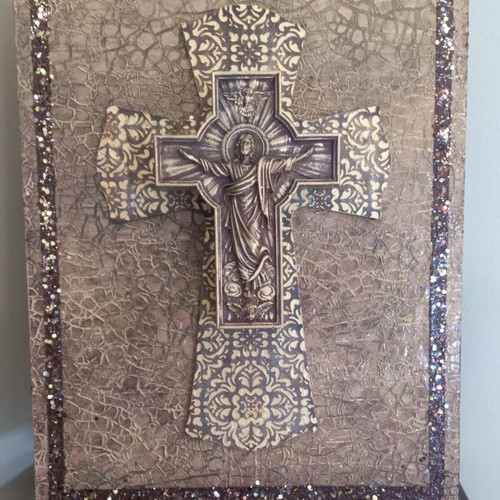 Religious image cross on wood 30×40 cm new with porcelain