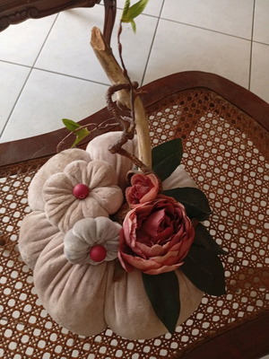 Handmade velvet lilac pumpkin decoration with mini pumpkins