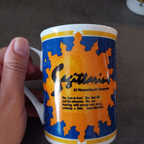 Sagittarius and Virgo mugs set used, porcelain and Anchor Hocking 1970s
