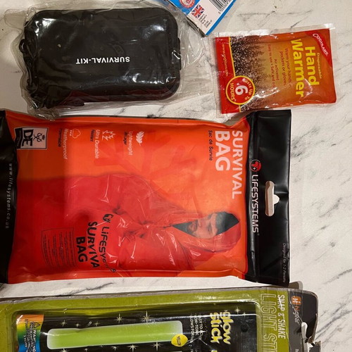 Survival kit boxset new with hand warmer, glow sticks, survival body bag