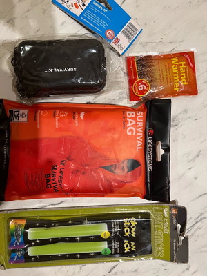 Survival Kit Boxset new with hand warmer, glow sticks and protective bag