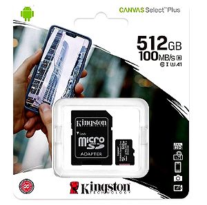 Kingston Canvas Select Plus micro SDXC 512GB Κάρτα Μνήμης Class 10 U3 V30 A1 UHS-I με αντάπτορα