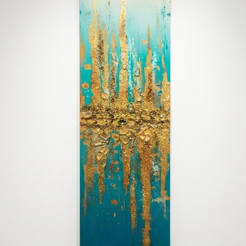 Handmade modern abstract painting in turquoise-gold with embossed texture