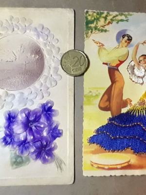 Σετ 2 vintage ανάγλυφες και υφαντές ευχετήριες καρτ ποστάλ 1954
