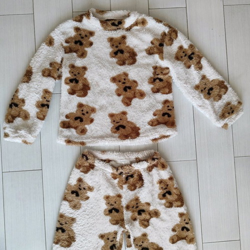 Warm fleece set for girls No.6/8 like new, beige with teddy bears