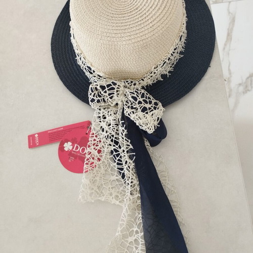 Doca Straw Hat new, beige and blue with scarf