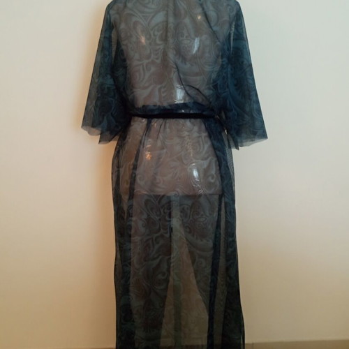 Sheer maxi kimono kaftan navy paisley pattern used, pom-pom boho chic