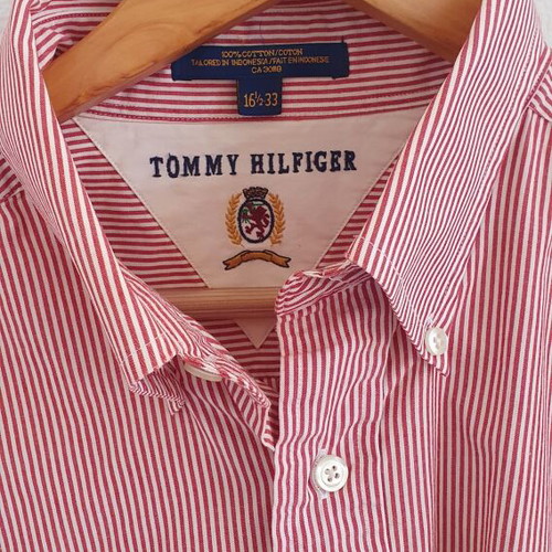Tommy Hilfiger Men's Red and White Striped Cotton Shirt XL like new