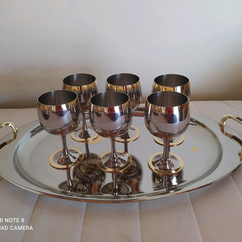 Stainless Steel Tray Set with 12 Wine/Liqueur Glasses and 2 Small Platters 24K Gold