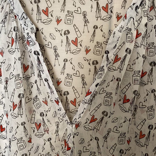 Silk blouse size M, like new, white gray with black and red patterns