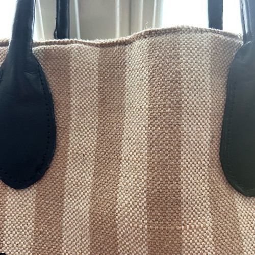 La Carrie large tote bag used, beige striped canvas with leather handles
