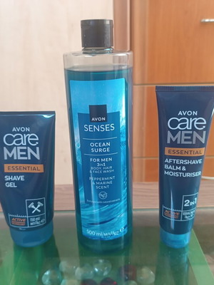 Men's grooming set with shaving gel, body wash, and aftershave balm