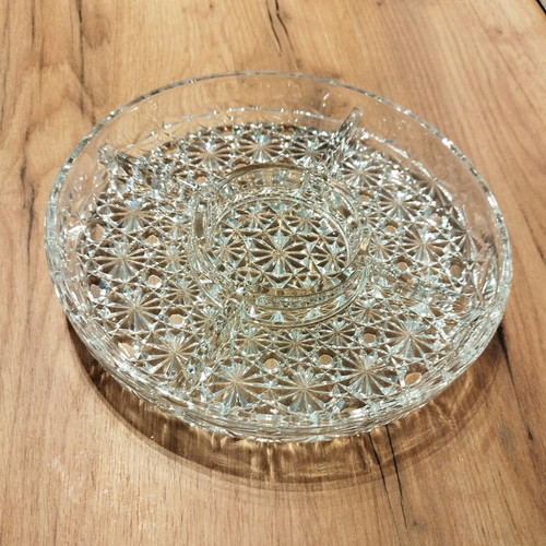 Vintage glass serving platter 25cm like new with central dip bowl