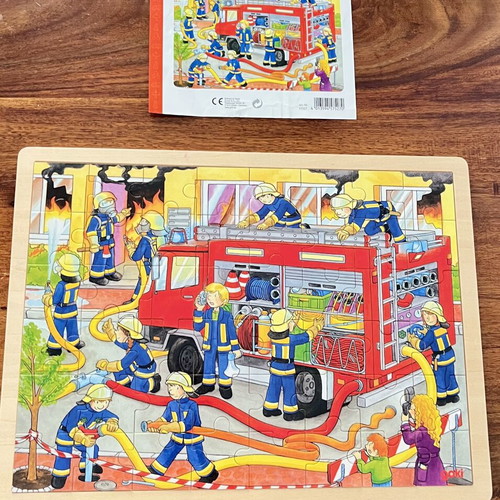 Goki Wooden Puzzle Fire Truck 48 Pieces with Wooden Base New