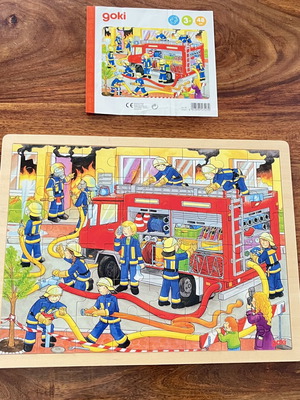 Goki Wooden Puzzle Fire Truck 48 Pieces with Wooden Base New