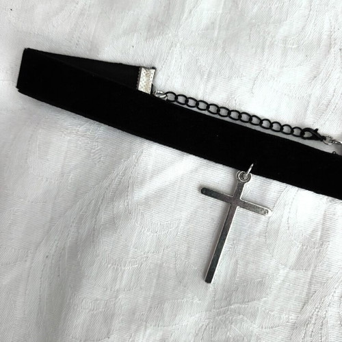 Gothic cross choker, black and silver