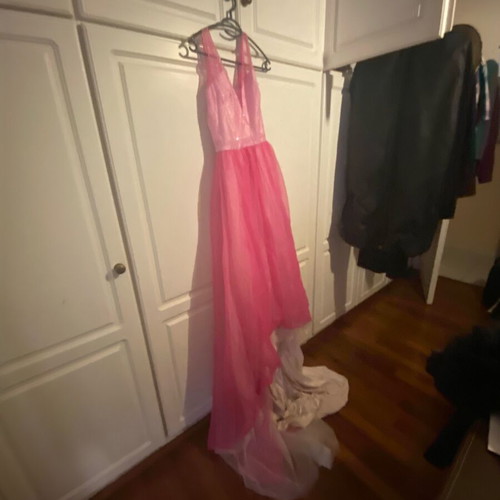 Evening dress used, very long pink and white with train, size S