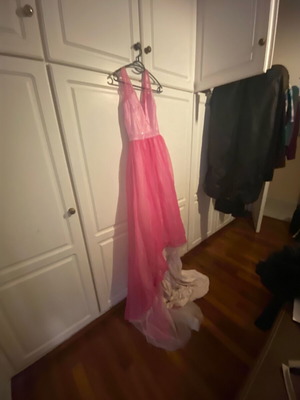 Evening dress used, very long pink and white with train, size S