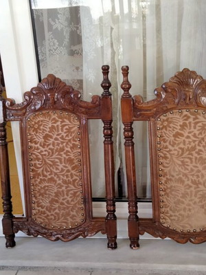 Vintage carved solid wood chair backs, decorative upholstery