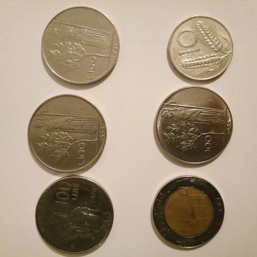 Italian coins used, lot of six lire from 1963 to 1988