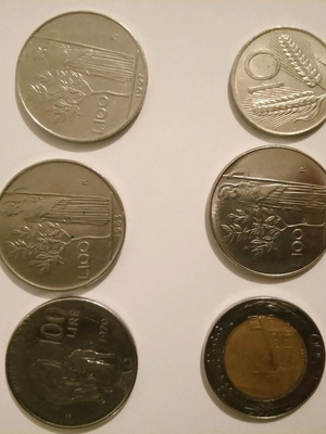 Italian coins used, lot of six lire from 1963 to 1988