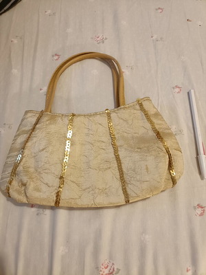 Τσάντα χειρός από raw silk σαν καινούργια, χρυσαφί, κατάλληλη για γάμο ή βάπτιση