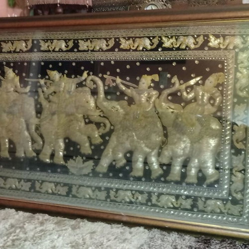Burmese Embroidered Burma Like New with Warriors and Elephants in Frame